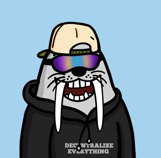 A cartoon illustration of a smiling walrus wearing a yellow cap, rainbow sunglasses, and a black hoodie with the slogan 'DECENTRALIZE EVERYTHING'.