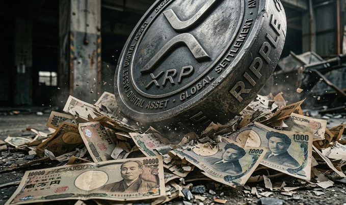 The image shows a coin labeled "XRP" lying on its side amidst a pile of Japanese yen bills scattered around it. The scene suggests an explosion or a crash, possibly symbolizing the rise of Bitcoin and XRP as global financial assets. The text in the image reads "BREAKING: Japan Greenlights XRP! The government just legally classified XRP as an official financial asset under the FIEA, locking in new crypto tax laws". This implies that the Japanese government has recently approved or legalized the use of Bitcoin and XRP as legal tender, which could lead to significant changes in the global financial landscape.

The image also includes a post with text about Japan Greenlighting XRP, indicating that this event is being widely discussed and possibly influencing the cryptocurrency market. The combination of these elements creates an atmosphere of excitement and anticipation for the future of digital currency and its impact on traditional financial systems.