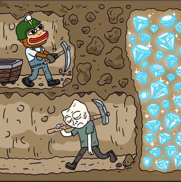 A cartoon depicts two miners digging for valuable gems—one happily mining coal on the left, while another gleefully discovers a massive wall of sparkling diamonds on the right—symbolizing the high-risk, high-reward gamble of holding $Ponke, where miners must endure tough times hoping to strike it rich or face poverty.