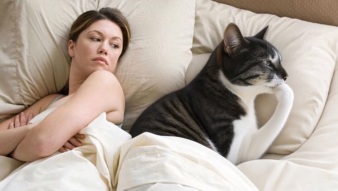 A woman and man sit together in bed, both with contemplative, pensive expressions as if silently pondering a difficult decision. The image pairs with "$hmm" to humorously capture that moment of overthinking before making a choice.