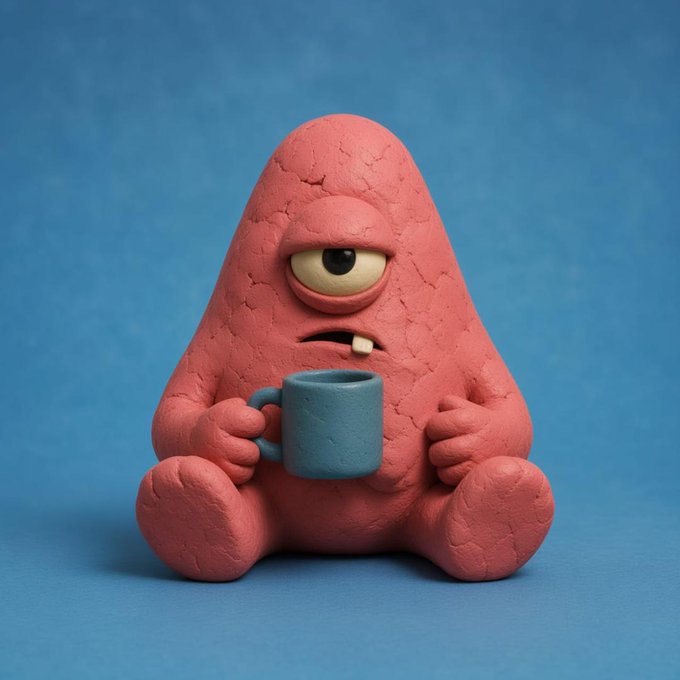 A grumpy, one-eyed pink claymation figure sits against a blue backdrop, holding a small blue mug as if grumpily sipping morning coffee. The image's blend of whimsical character design and quirky personality matches the playful, meme-driven energy of the "Robin T00ns" PFP collection launch.