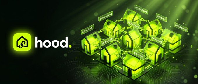 The image showcases the "hood." logo alongside interconnected 3D green house icons labeled with various ".hood" extensions (crypto.hood, ens.hood, web3.hood, etc.), visually representing the platform's vision of a connected, on-chain identity ecosystem. This aligns with the post's announcement of Phase 2, where a ".hood" domain becomes a versatile digital identity, integrations, and rewards system built on the foundation of ENS.