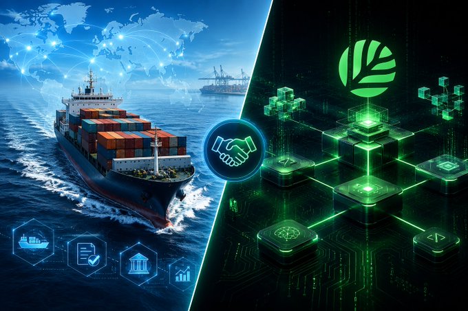 A digital illustration depicting global trade and sustainability, showing a cargo ship on the left and green digital/technological nodes with a handshake icon and leaf symbol on the right.