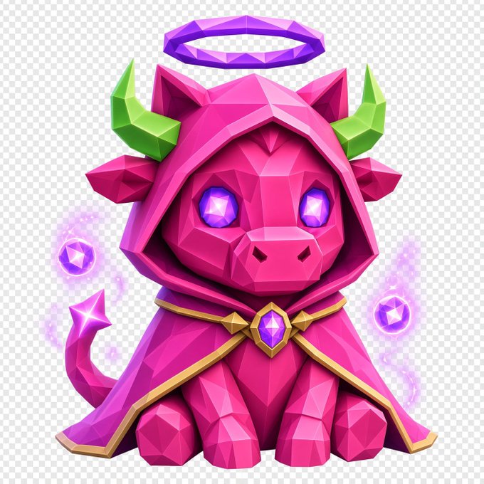 A 3D-rendered pink dragon-like creature with green horns, a purple halo, and a magical cape sits surrounded by floating purple crystals.
