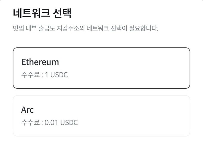 A Korean cryptocurrency network selection screen ("네트워크 선택") from Bithumb prompts users to choose between Ethereum (수수로: 1 USDC) and Arc (수수로: 0.01 USDC).