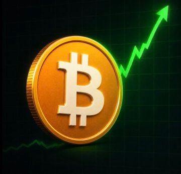 A golden Bitcoin coin is displayed prominently against a dark background, accompanied by a rising green upward-trending arrow, symbolizing bullish momentum for $BTC reaching $100,000. The image visually reinforces the optimistic price prediction posed in the post comparing $BTC and $ETH potential price milestones.