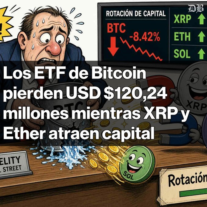 A cartoon image featuring a sweating man holding a Bitcoin with text 'Los ETF de Bitcoin pierden USD $120,24 millones mientras XRP y Ether atraen capital' and a screen showing 'ROTACIÓN DE CAPITAL' with BTC down -8.42% while XRP, ETH, and SOL are up.