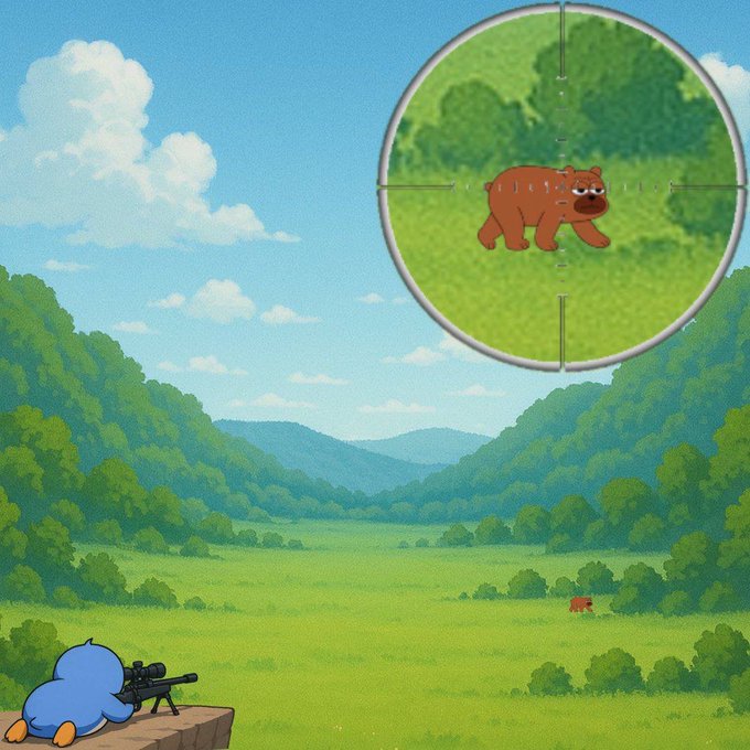 An animated scene of a blue character aiming a sniper rifle at a brown bear in a green field, with the bear visible in the scope.