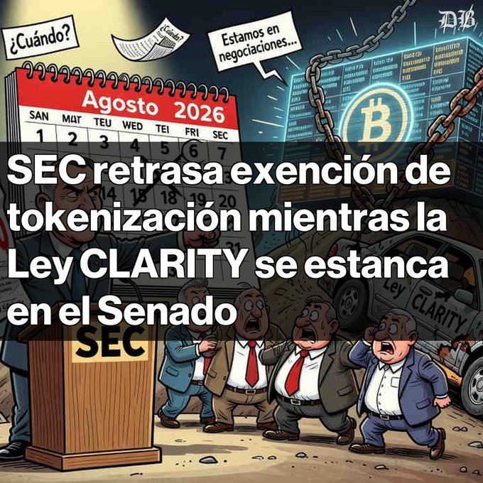 A Spanish-language satirical cartoon showing SEC officials delaying a tokenization exemption, with the headline 'SEC retrasa exención de tokenización mientras la Ley CLARITY se estanca en el Senado', depicting a calendar showing 'Agosto 2026'.