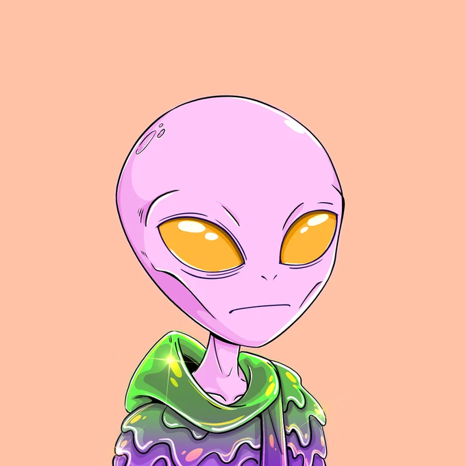 A cartoon-style portrait of a purple alien with large yellow eyes wearing a green and purple hoodie against a peach background.