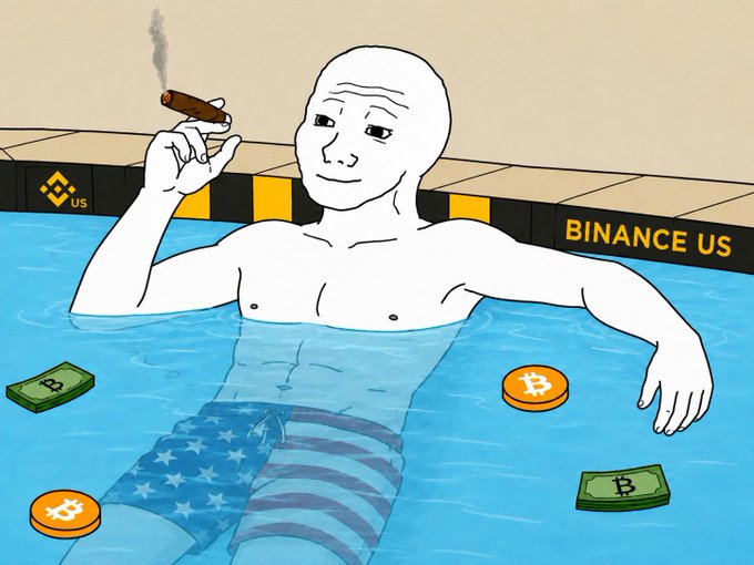 A Wojak meme character relaxes in a pool branded with "BINANCE US" and the Binance logo, casually smoking a cigar while floating on an American flag among Bitcoin and dollar bill floats. The image ties into the post's promotion of a $100,000 $WOJAK token giveaway on Binance US by featuring the Wojak character lounging in the exchange's pool.