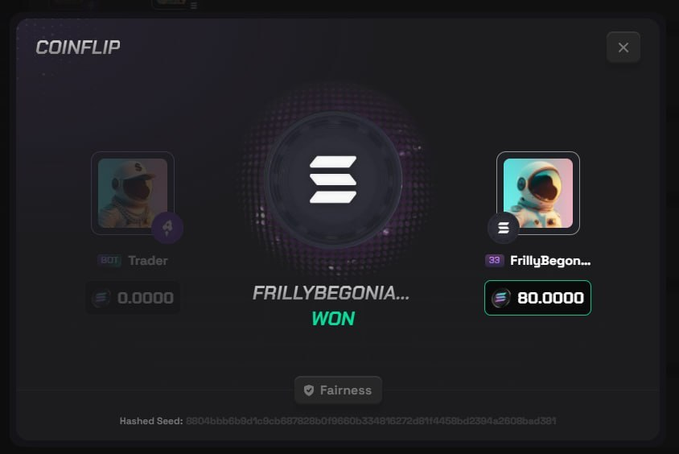 A COINFLIP game result screen shows “FRILLYBEGONIA...” marked “WON,” with an 80.0000 Solana payout and a “Fairness” button.
