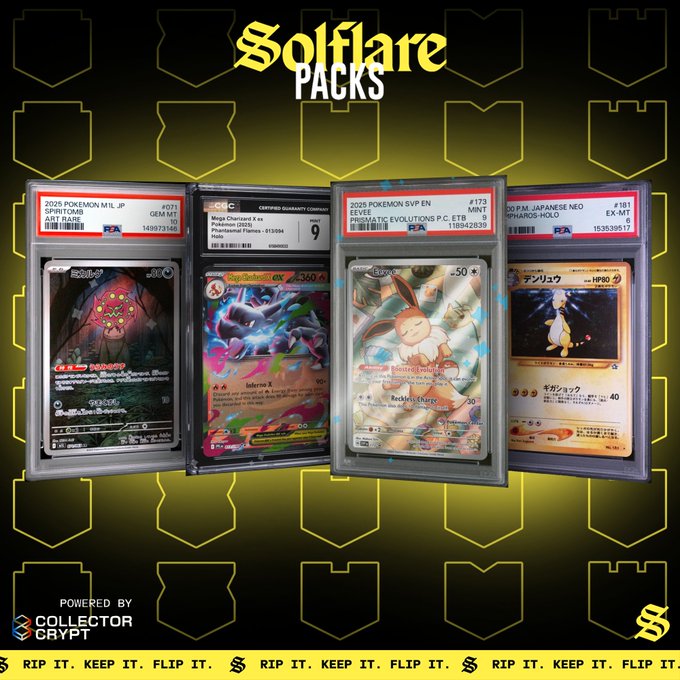 A promotional graphic for 'Solflare PACKS' powered by Collector Crypt, displaying four graded Pokémon cards including Blastoise ex, Mega Charizard X ex, a Japanese Rabbitt foot, and a Mimikyu card.