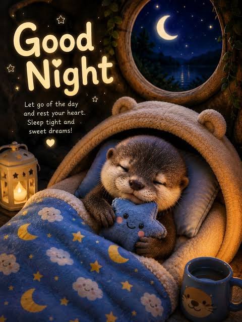 A cozy "Good Night" illustration featuring a sleeping otter tucked into a hooded bed, holding a star plushie, with text reading "Let go of the day and rest your heart. Sleep tight and sweet dreams!" beside a glowing lantern.