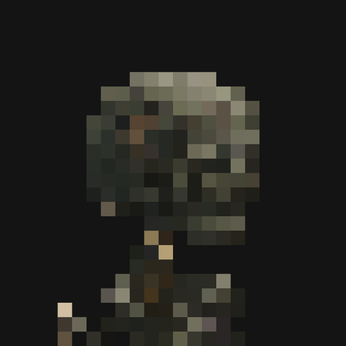 A heavily pixelated image showing dark and greenish tones, with no clearly identifiable subject.