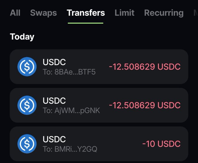 A mobile wallet interface shows the "Transfers" tab with three outgoing USDC transactions from today: -12.508629 USDC to 8BAe...BTF5, -12.508629 USDC to AjWM...pGNK, and -10 USDC to BMRi...Y2GQ, totaling approximately $35 USDC sent out—likely the prize payouts to the three contest winners mentioned in the post.