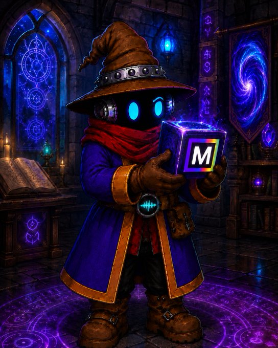 A small wizard-like figure in a blue robe and pointed hat holds a glowing cube displaying the "M" Metallicus logo within a mystical chamber, blending digital branding with fantasy aesthetics to promote the Metallicus blockchain platform and its webauth wallet.