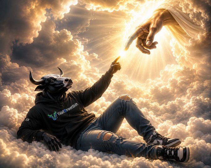 A digital artwork depicting a person with a bull's head wearing a 'ValTreeShirt' hoodie, lounging on clouds and reaching up toward a giant hand emerging from the sky in a recreation of Michelangelo's 'Creation of Adam.'