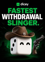 A Dicey-branded graphic promotes the platform's fast withdrawal feature, featuring a cowboy-hat-wearing dice character holding a revolver alongside the bold text "FASTEST WITHDRAWAL SLINGER." The imagery playfully reinforces the post's boast about cashing out $48k in just one minute, highlighting Dicey's speed advantage over other casinos.