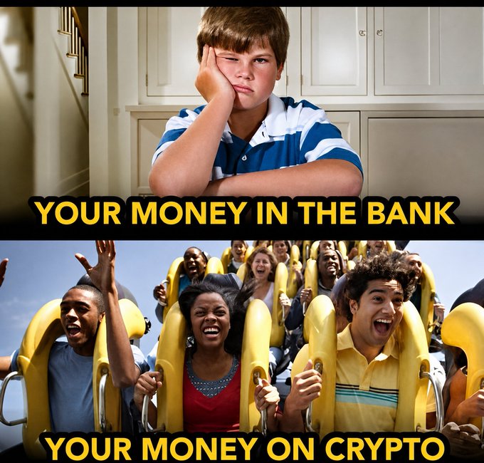 A two-panel meme comparing a bored child in a kitchen labeled "YOUR MONEY IN THE BANK" with excited people on a roller coaster labeled "YOUR MONEY ON CRYPTO," contrasting the dull experience of traditional savings with the thrilling highs of crypto investing.