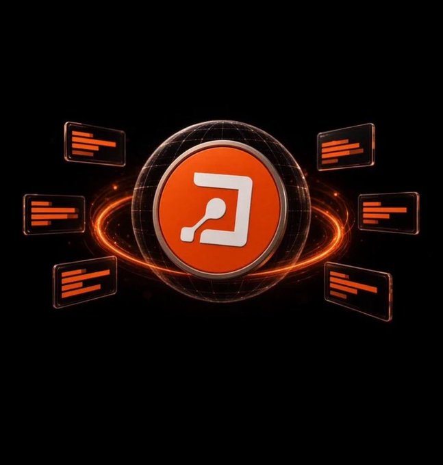 A glowing orange digital icon featuring a stylized 'P' or music note symbol is surrounded by orbiting data panels and light streaks against a black background.