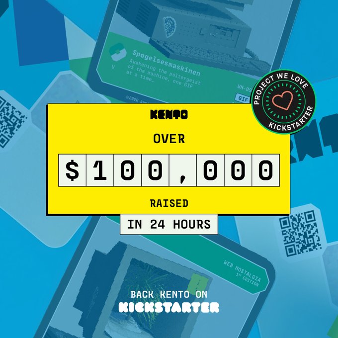 A graphic shows a yellow banner reading 'KEMPO OVER $100,000 RAISED IN 24 HOURS' with a 'PROJECT WE LOVE KICKSTARTER' badge, promoting the 'KEMPO' project to back on Kickstarter.