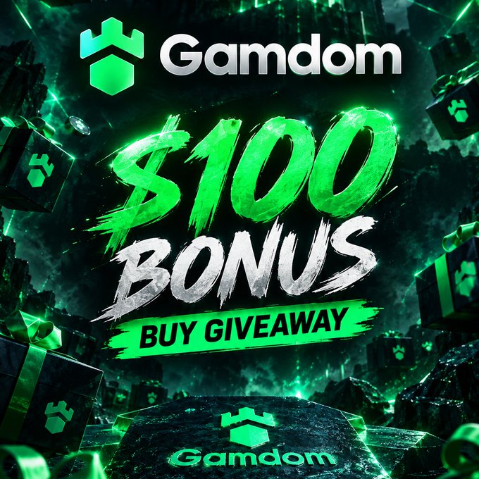 Promotional graphic for 'Gamdom' advertising a '$100 BONUS BUY GIVEAWAY' in bold green and white stylized text on a dark, gaming-themed background.