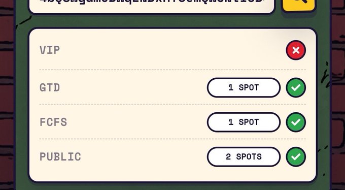 A partial screenshot showing a whitelist interface with VIP (closed), GTD (1 spot), FCFS (1 spot), and PUBLIC (2 spots) allocation slots, displayed in connection with the Dumpstr by CyberKongz NFT mint details posted.