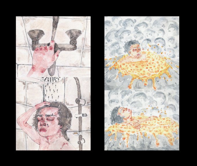 A four-panel watercolor painting showing a person in a shower turning on water and washing their face, alongside a figure emerging from or covered in a bubbling, orange-speckled liquid. The expressive, emotional style aligns with the post's description of TOLO Gallery collecting Eloy Chaperon's "Knife Drops" piece on Mallow, which pairs thematically with their earlier "Lavapagne" acquisition—reflecting the gallery's appreciation for art that provokes reflection and feeling.