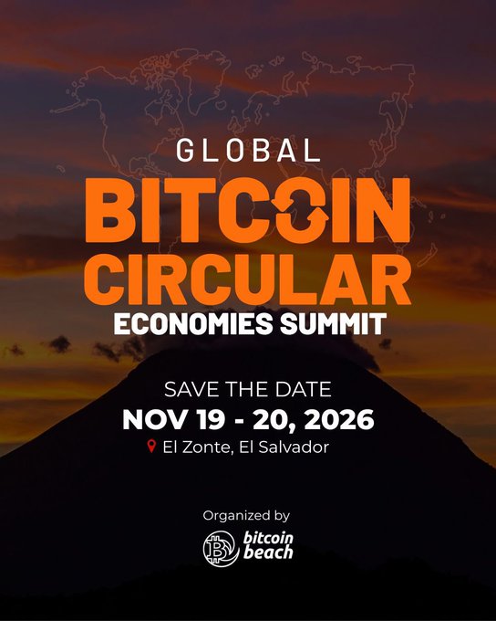 An event poster for the 'GLOBAL BITCOIN CIRCULAR ECONOMIES SUMMIT' with a 'SAVE THE DATE NOV 19 - 20, 2026' at 'El Zonte, El Salvador', organized by Bitcoin Beach, featuring a mountain silhouette and world map against an orange sunset sky.
