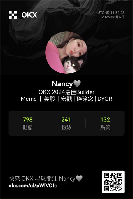 The image is an OKX platform profile card for user "Nancy🩶," identified as "OKX 2024最佳Builder" (OKX 2024 Best Builder), featuring categories Meme, US Stocks, Macro, 碎碎念, and DYOR, with stats showing 798 posts, 241 followers, and 132 likes. It includes a QR code and link (okx.com/u/pWIVOlc) inviting others to follow Nancy on OKX星球. The post humorously reflects on how OKX星球 rewards active users ("salary"), explaining that the user recently stopped cross-posting from X to create unique content in hopes of earning rewards.
