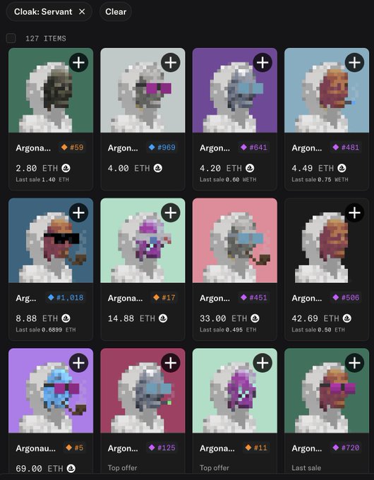 Screenshot of an NFT marketplace listing for "Cloak: Servant" collection items, showing 127 pixel-art portraits labeled as "Argonauts" with various tier prices in ETH (ranging from 2.80 ETH to 69.00 ETH), some marked as "Top offer."