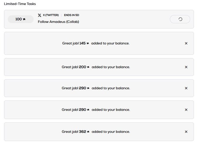 A screenshot of a "Limited-Time Tasks" rewards panel showing a Twitter task to follow Amadeus (Collab) worth 100 tokens, along with multiple completion confirmations adding 145, 200, 290, 290, and 362 tokens to the user's balance, illustrating progress from completing Konnex airdrop tasks.