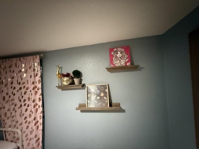 A blue-gray bedroom wall with wooden floating shelves displaying small plants, a giraffe figurine, and two books, next to a white curtain with gold leaf patterns.