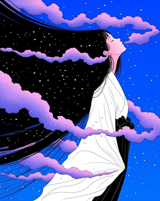 Digital illustration of a woman in a flowing white robe with long dark hair, set against a starry night sky with purple clouds and blue background.