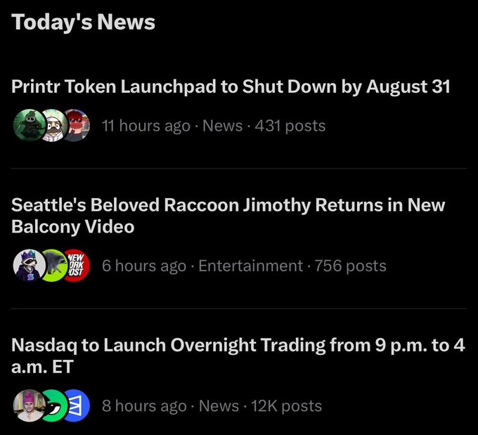 A "Today's News" feed highlights three headlines, including "Seattle's Beloved Raccoon Jimothy Returns in New Balcony Video" in Entertainment (756 posts), along with news about Printr Token Launchpad shutting down (431 posts) and Nasdaq launching overnight trading (12K posts). The image aligns with the post celebrating $JIMOTHY's viral appearance in the news.