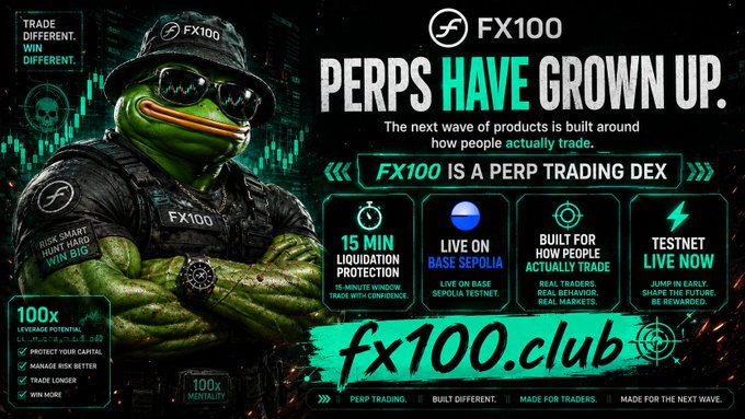 A promotional banner for FX100, described as 'PERPS HAVE GROWN UP,' featuring a Pepe the Frog character dressed in tactical gear, advertising features like 15-min liquidation protection, live on Base Sepolia, and fx100.club.