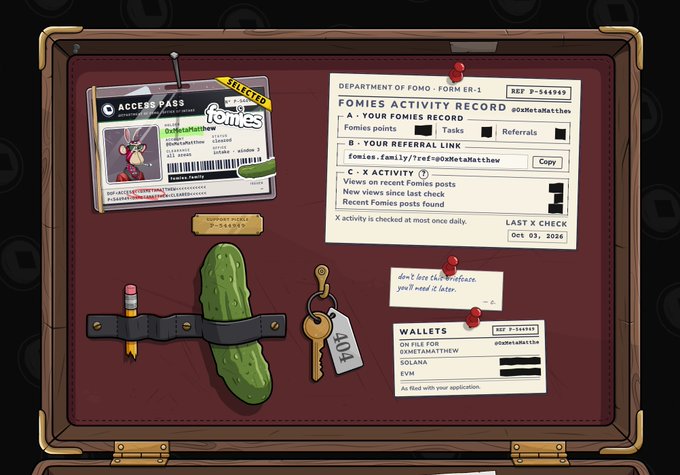 A digital illustration of a suitcase containing a 'Fomies Activity Record' from the Department of Fomo, displaying an access pass, wallet info, and keys for user 'p0oketaMatthew' dated Oct 03, 2024.