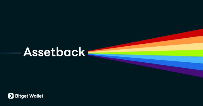 Bitget Wallet advertisement displaying the word 'Assetback' with a colorful rainbow light trail against a dark background.
