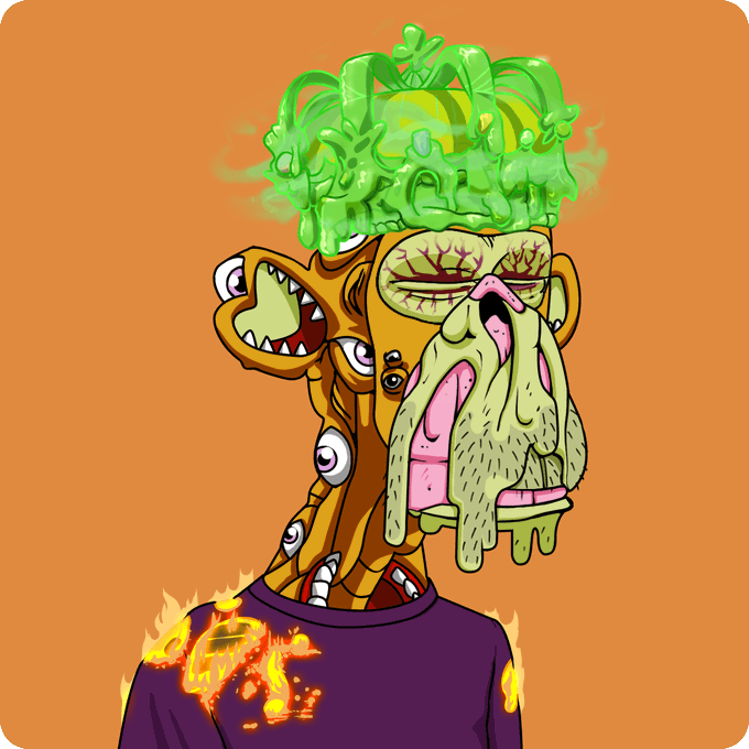 A grotesque cartoon character with multiple eyes, a long drooping face, and a green toxic-looking mass on its head stands against an orange background, wearing a purple shirt with a burning dollar sign — representing the bizarre Mutant #19446 NFT from the "Return to Monke" collection, which was purchased for 2.425 ETH.