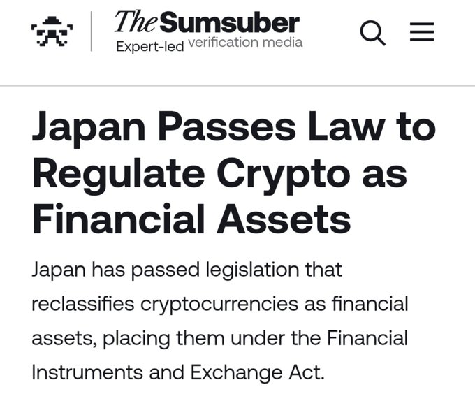 A Sumsub article screenshot with the headline "Japan Passes Law to Regulate Crypto as Financial Assets," noting that Japan has reclassified cryptocurrencies as financial assets under the Financial Instruments and Exchange Act—an image that ties into the post's point about Japan's regulatory clarity giving Ripple and its long-standing partnership with SBI Holdings a strategic advantage over the U.S.