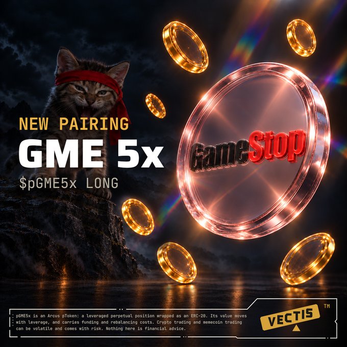 A promotional graphic announces Vectis's new "GME 5x" long pToken pairing, featuring a headband-wearing cat perched on a mountain peak alongside a glowing GameStop medallion surrounded by golden coins, tying into the meme-stock theme mentioned in the accompanying post about going live on Vectis via the Arcus pToken platform.