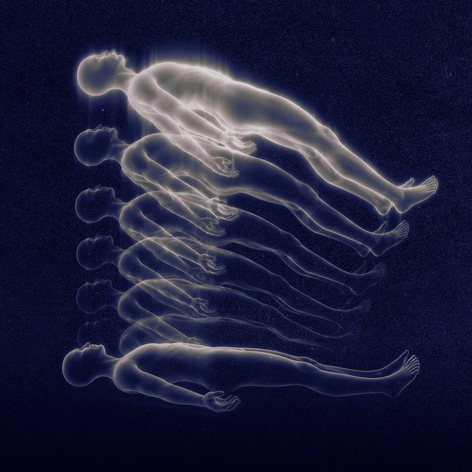 This abstract image shows multiple translucent figures of a person in a levitating or ascending pose against a dark, speckled background, evoking a sense of transcendence or transformation. The visual implies an effortless shift from one state to another, resonating with the post's sentiment of easily swapping XRP for FXRP.