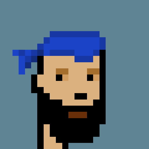 A pixel art illustration of a person with bright blue hair, depicted in a low-resolution style against a teal background.