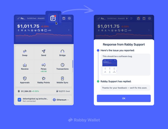 Rabby Wallet promotional graphic showing a two-screen interface demonstrating bug reporting functionality, displaying a balance of $1,011.75 and a support response acknowledging a reported software bug.