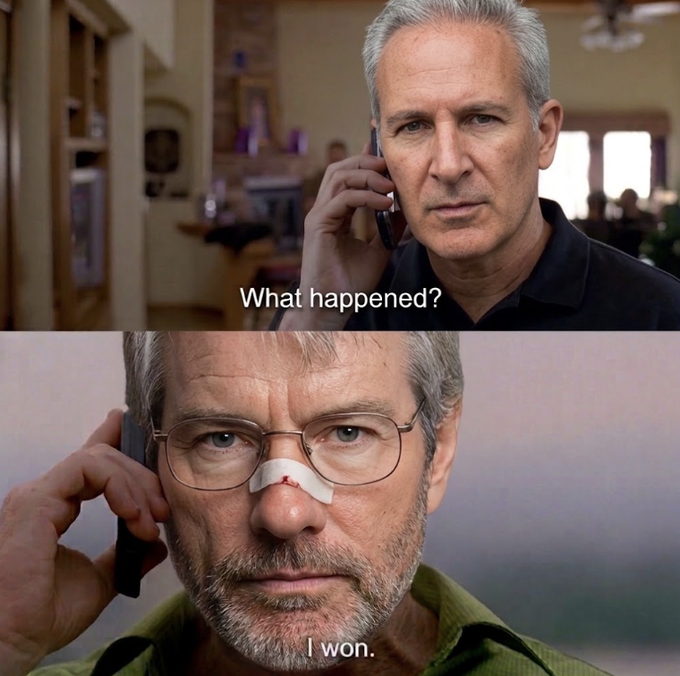 The image shows a meme with two panels: the top features a man on a phone asking "What happened?" while the bottom shows a bandaged, battle-worn man responding "I won." This humorously illustrates the post's "POV" scenario, suggesting that despite the visible hardships and losses (the bandages), Michael Saylor has emerged victorious with Bitcoin at $1 million, making his company the largest in the world.