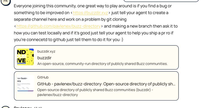 A community announcement explaining how members can contribute to the open-source "Buzz directory" (buzzdir.xyz) by creating branches in the pavlenex/buzz-directory GitHub repo, which humorously delivers on the "Buzz @blocks, we are inside you now" message by showing the project literally resides on GitHub.