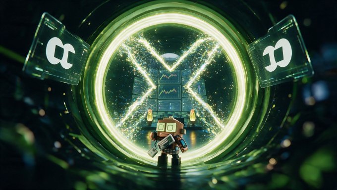 A 3D render featuring a small robot figure in front of a large glowing green XRP logo, flanked by two cube-shaped logos in a futuristic green environment.