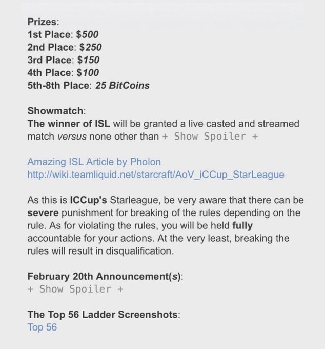A tournament announcement page displaying prize money ($500 for 1st place down to $100 for 4th, with 25 BitCoins for 5th-8th), a showmatch prize, and information about ICCup's Starleague (ISL) for StarCraft, with a link to teamliquid.net.
