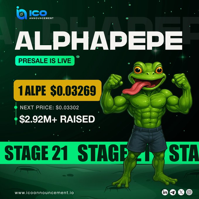 Promotional graphic for 'ALPHAPEPE' cryptocurrency presale showing a muscular Pepe the Frog, priced at $0.03269 with $2.92M+ raised, currently at Stage 21.